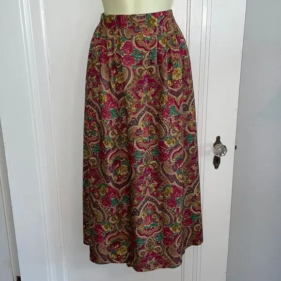 Vtg Liz & Me maroon & green floral paisley full skirt - Picture 1 of 9